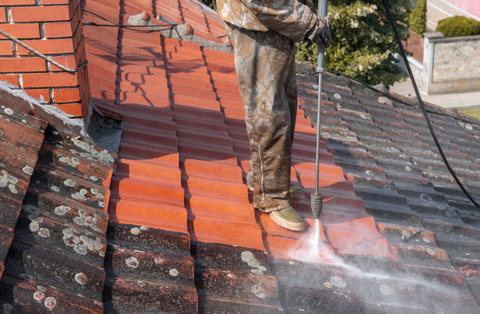 Pressure washing tile roof